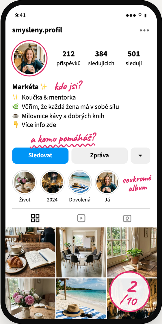 Instagramový profil s poznámkami, co v něm chybí