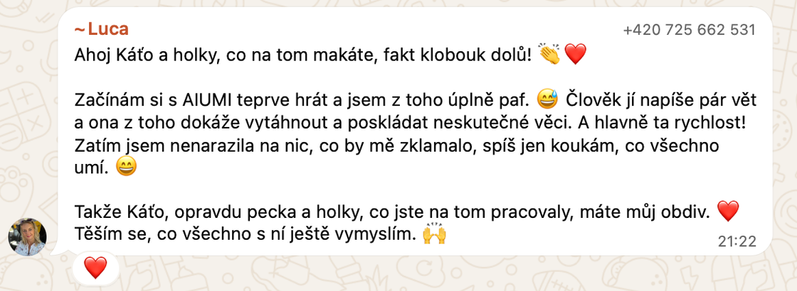 Zpráva od Luci: napíše pár vět a Aiumi z nich poskládá hotové věci, hlavně rychle