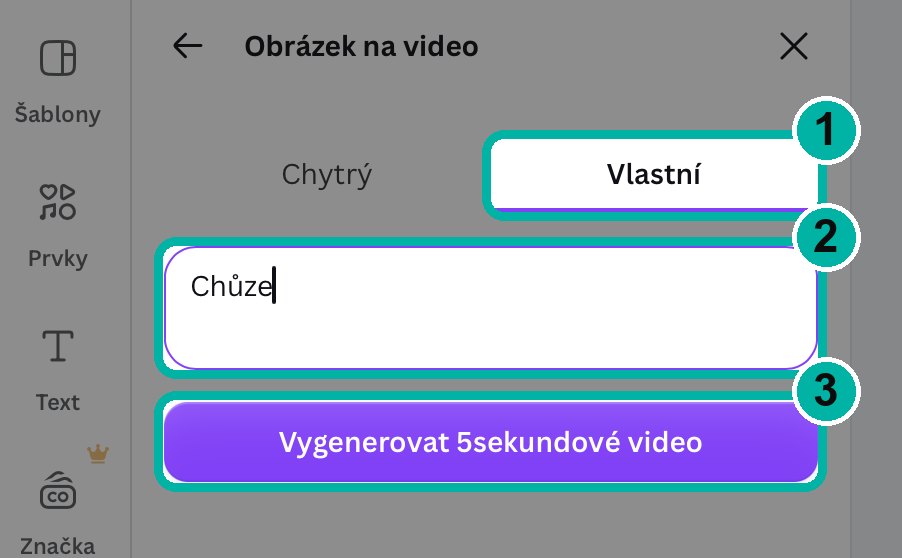 Canva, záložka Vlastní s políčkem na větu a tlačítkem Vygenerovat 5sekundové video